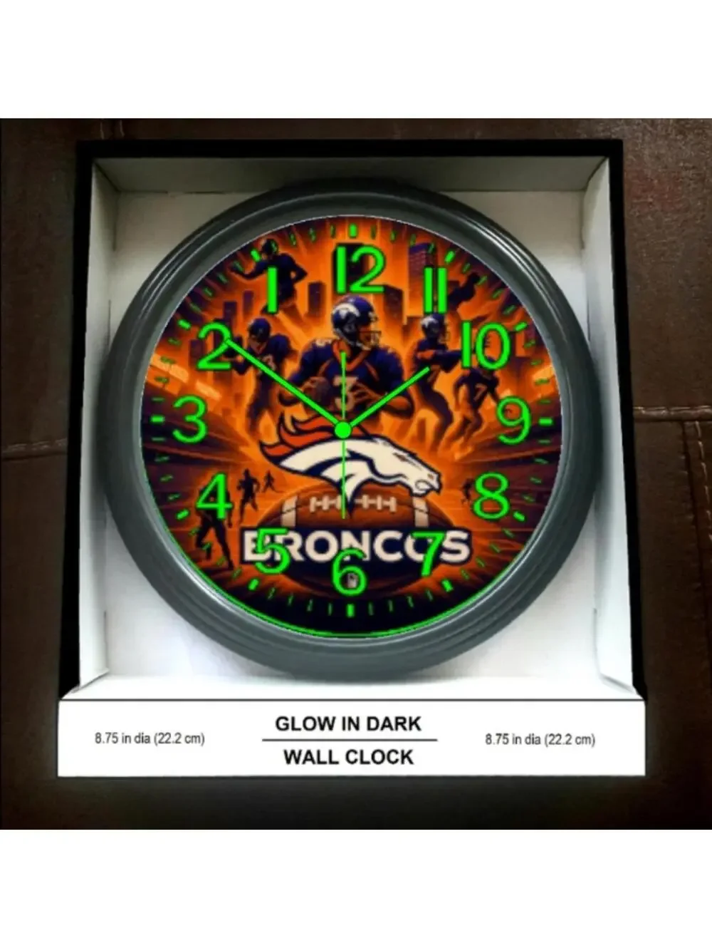 REVERSE TICKING CLOCK DENVER BRONCOS Glow In The Dark Wall Clock New!